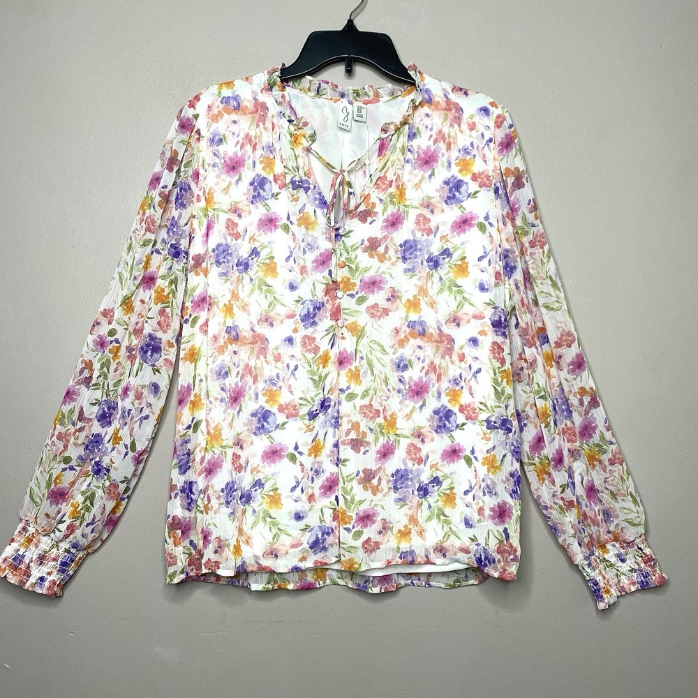 Joie Floral Bohemian Blouse Ruffle V Neck Smock Cuff Long Sheer Sleeve Women XL